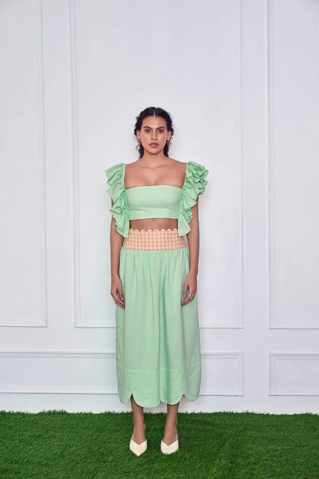 Pastel Mint Ruffled Sleeve Crop Top And Skirt Co Ord