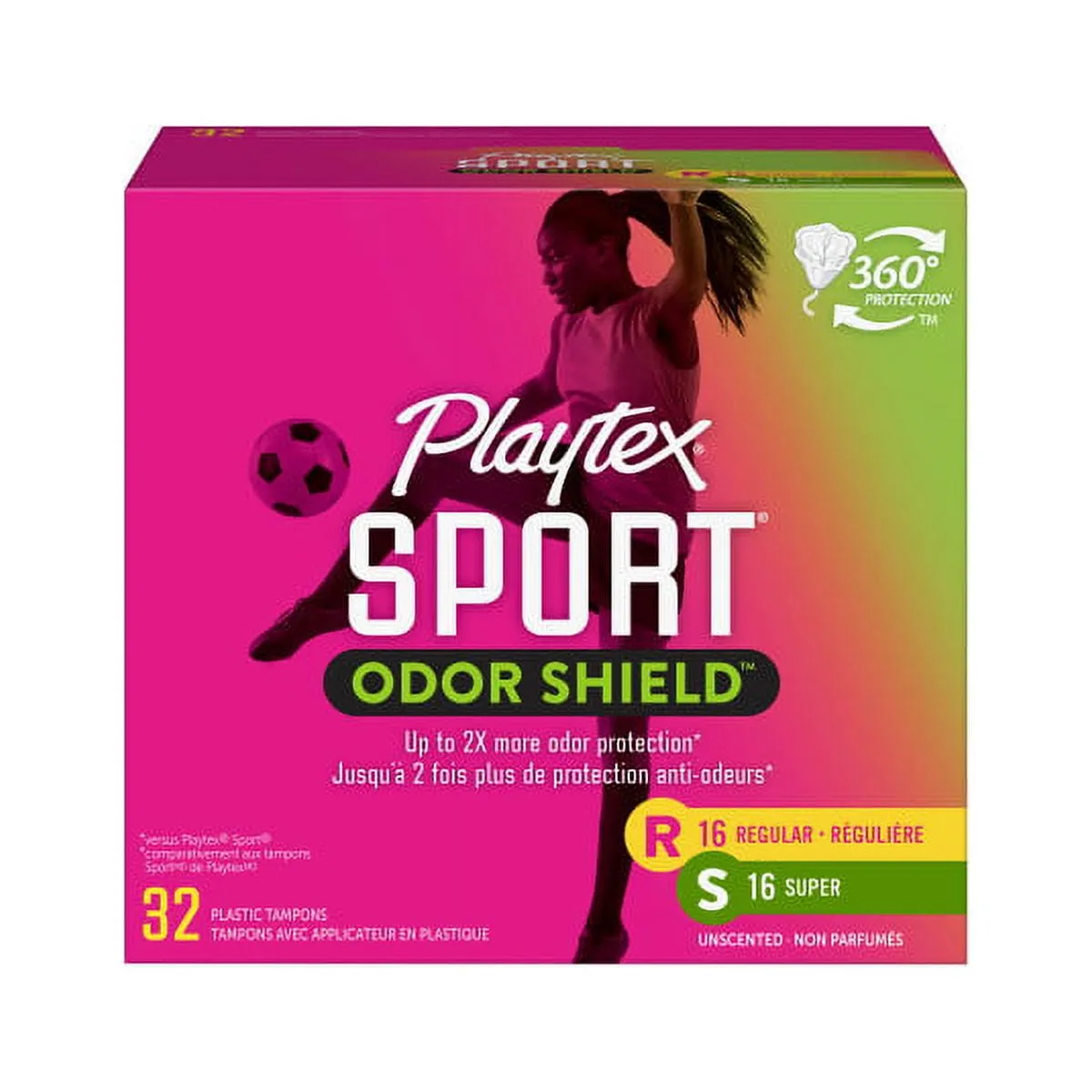 Playtex Sport Odor Shield Multi-Pack Regular And Super Plastic Applicator Tampons, 32 Ct, 360 Degree Sport Level Period Protection, Traps Leaks, No-Slip Grip Applicator, Moves With You