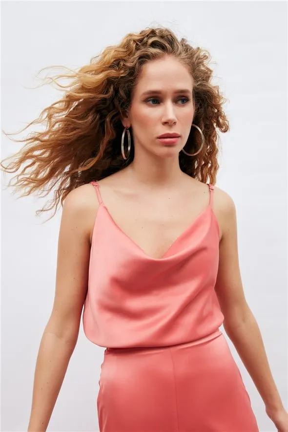 Plunging Neck Satin Cami - Coral