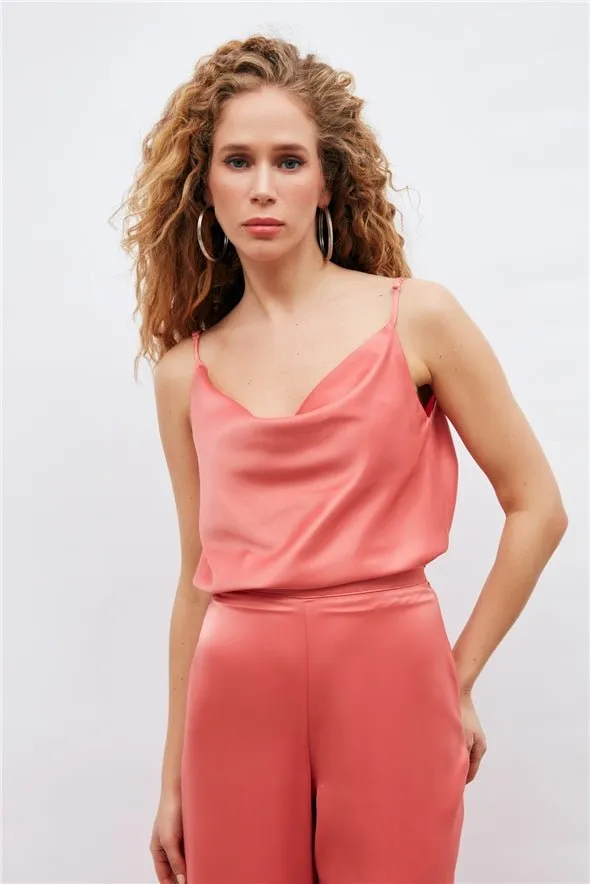 Plunging Neck Satin Cami - Coral