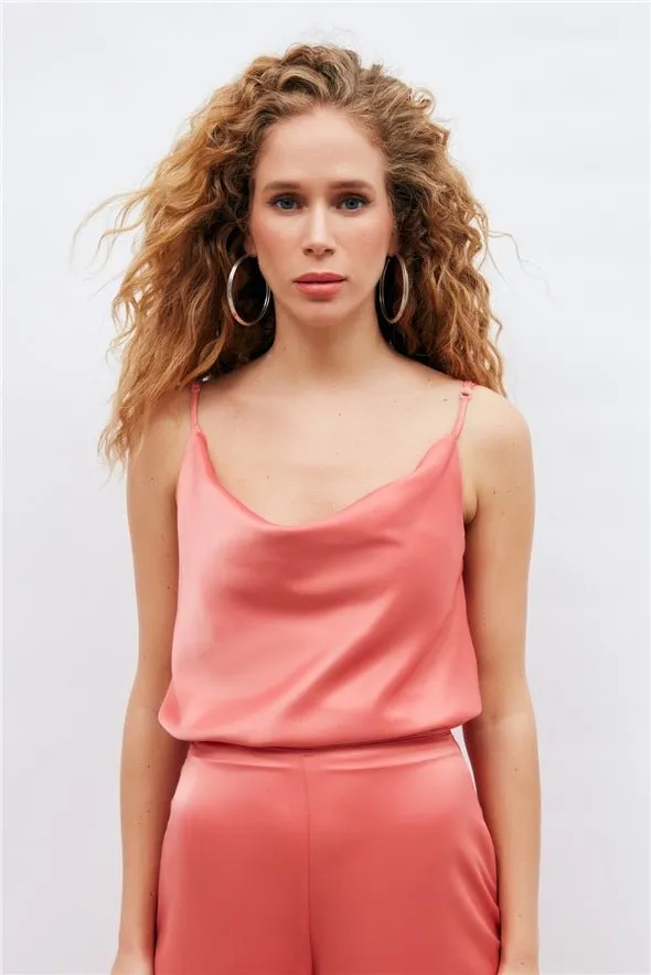 Plunging Neck Satin Cami - Coral