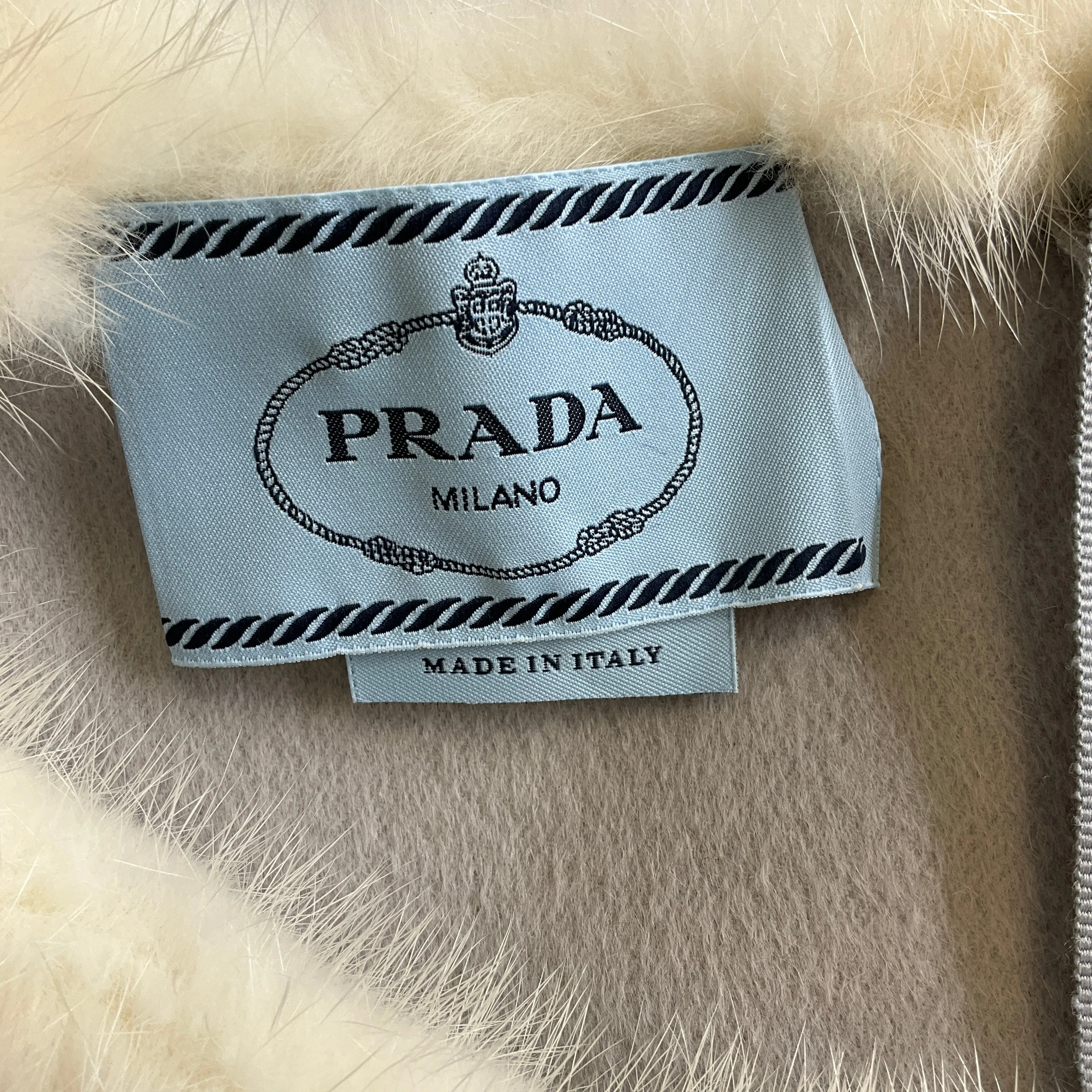 Prada Light Grey / Ivory Mink Fur Collar Sleeveless Wool Dress