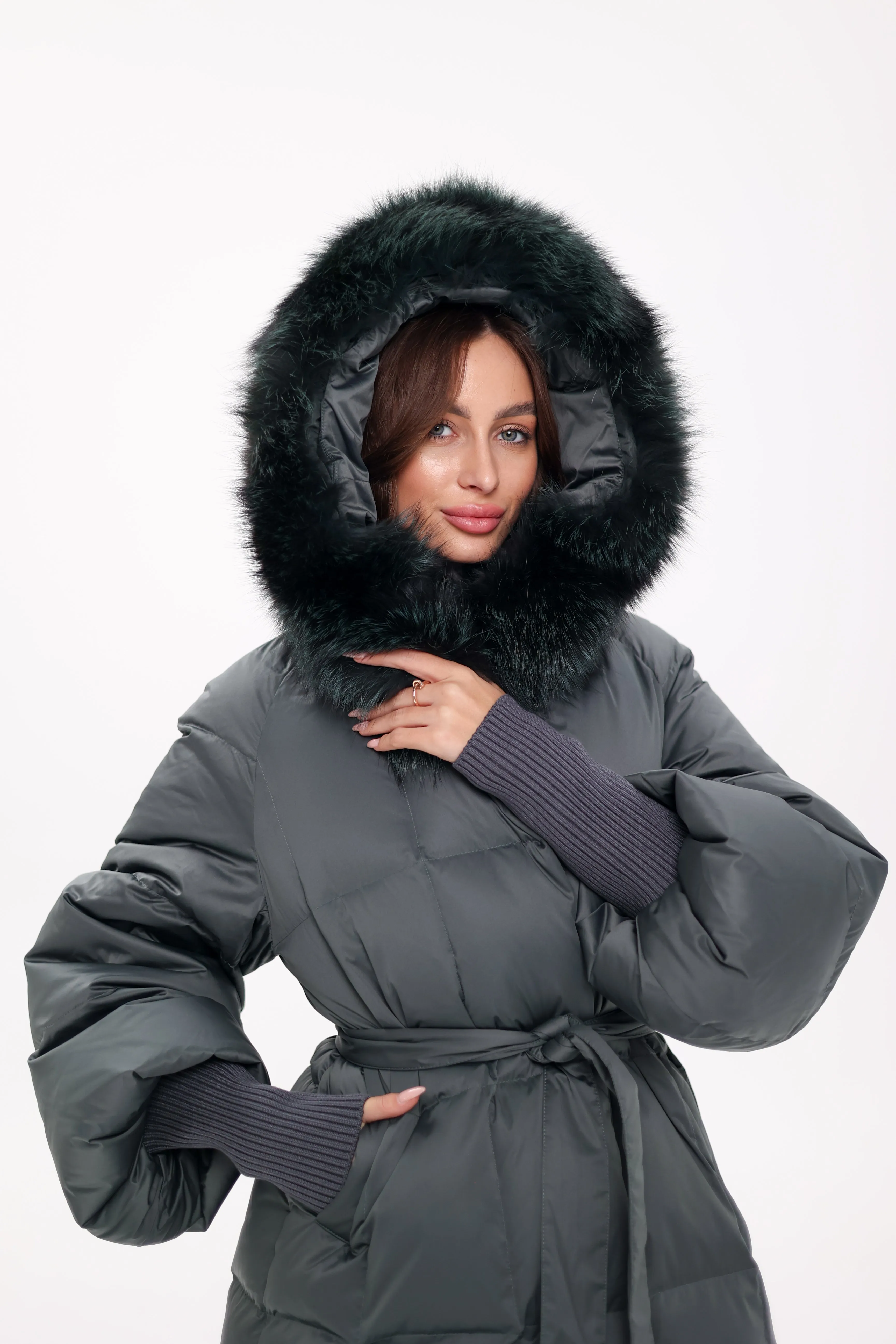 Pre-Order. Ships November 19. Genuine Polar Fox Fur Trim Down Coat in Forest Slate
