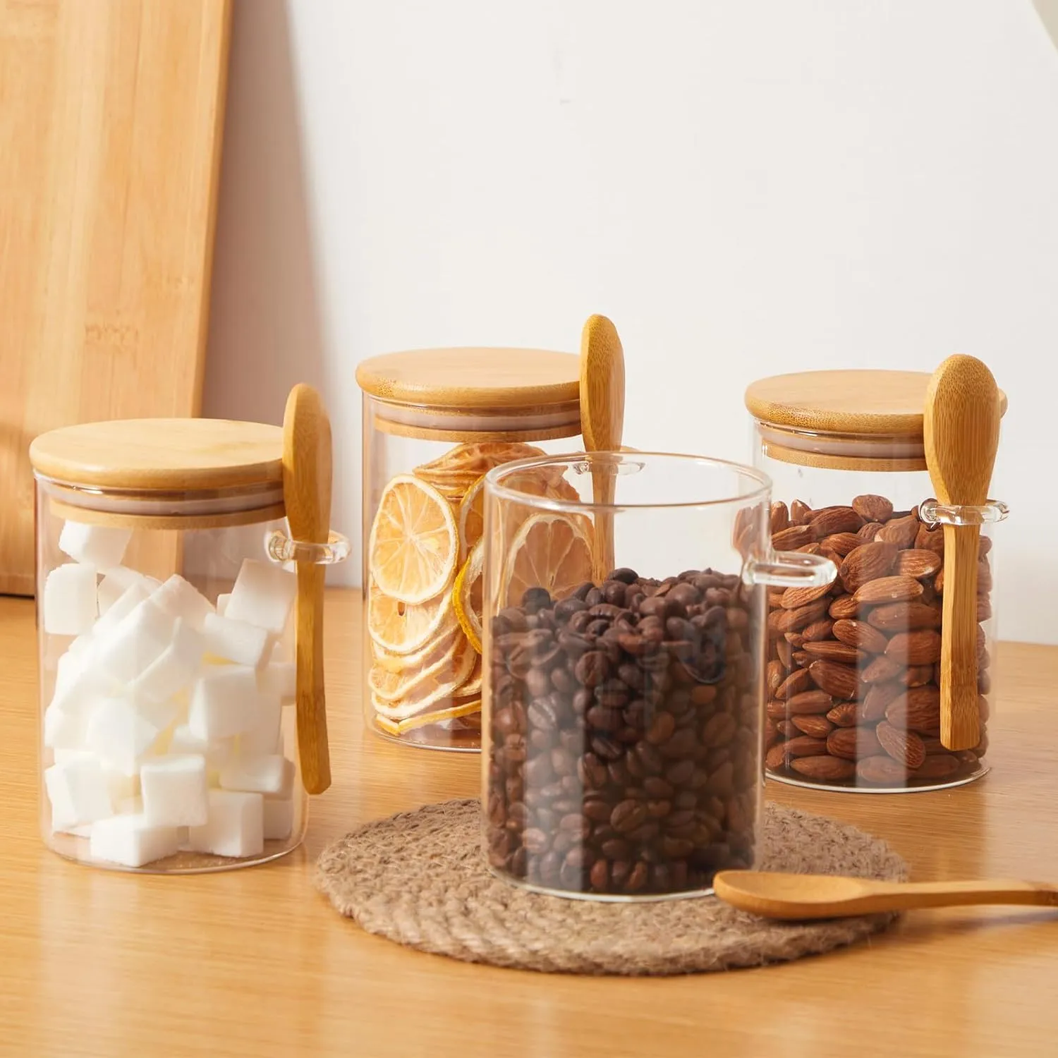 Set Of 4 500ML Glass Storage Jars with Bamboo Lids and Spoon