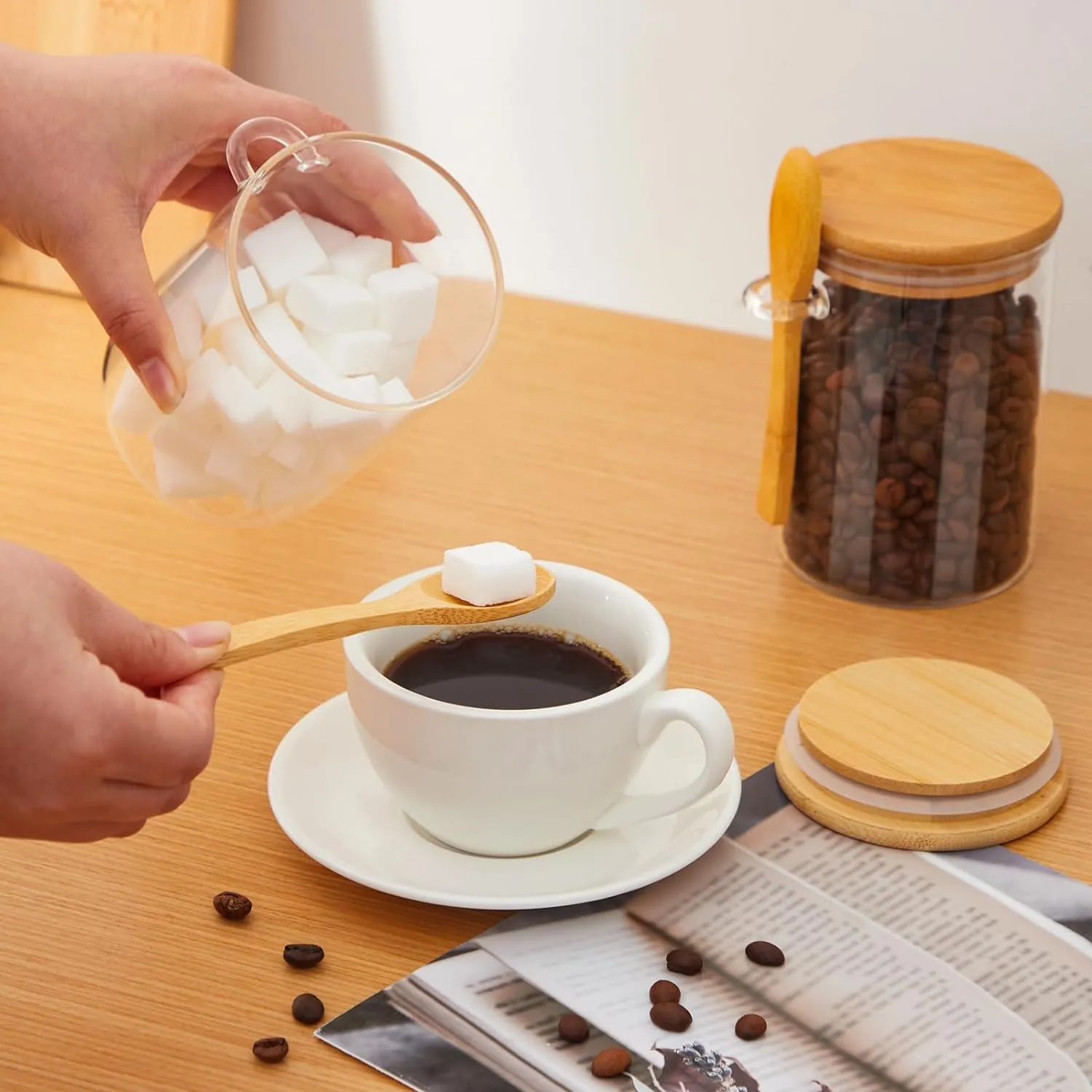 Set Of 4 500ML Glass Storage Jars with Bamboo Lids and Spoon