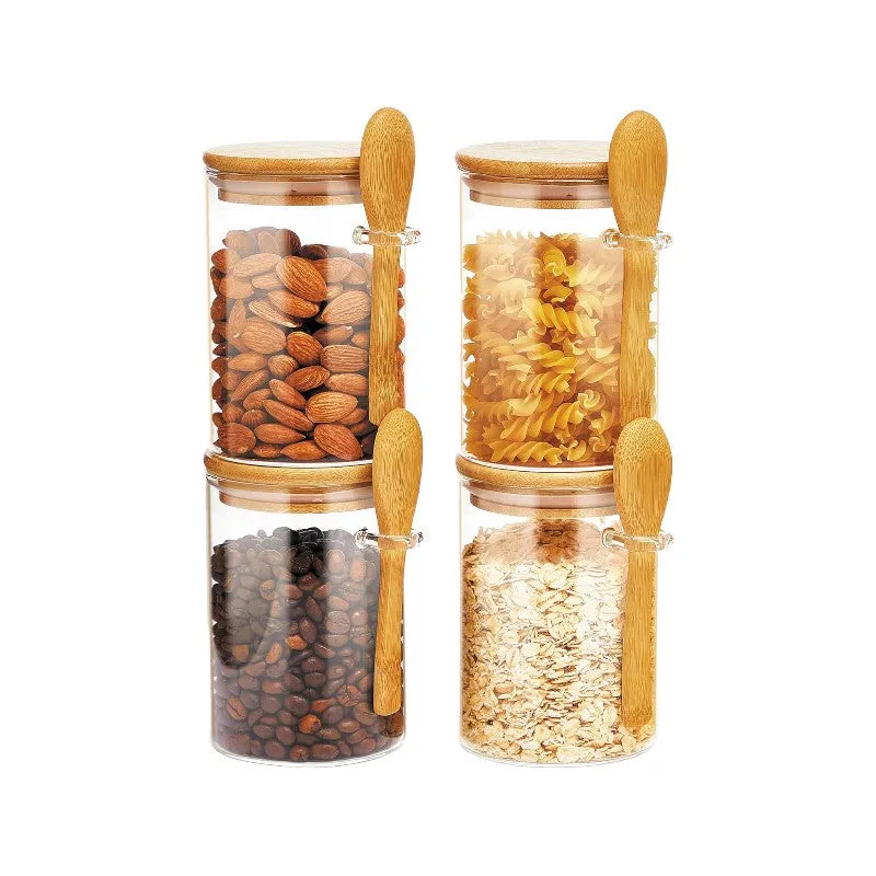 Set Of 4 500ML Glass Storage Jars with Bamboo Lids and Spoon