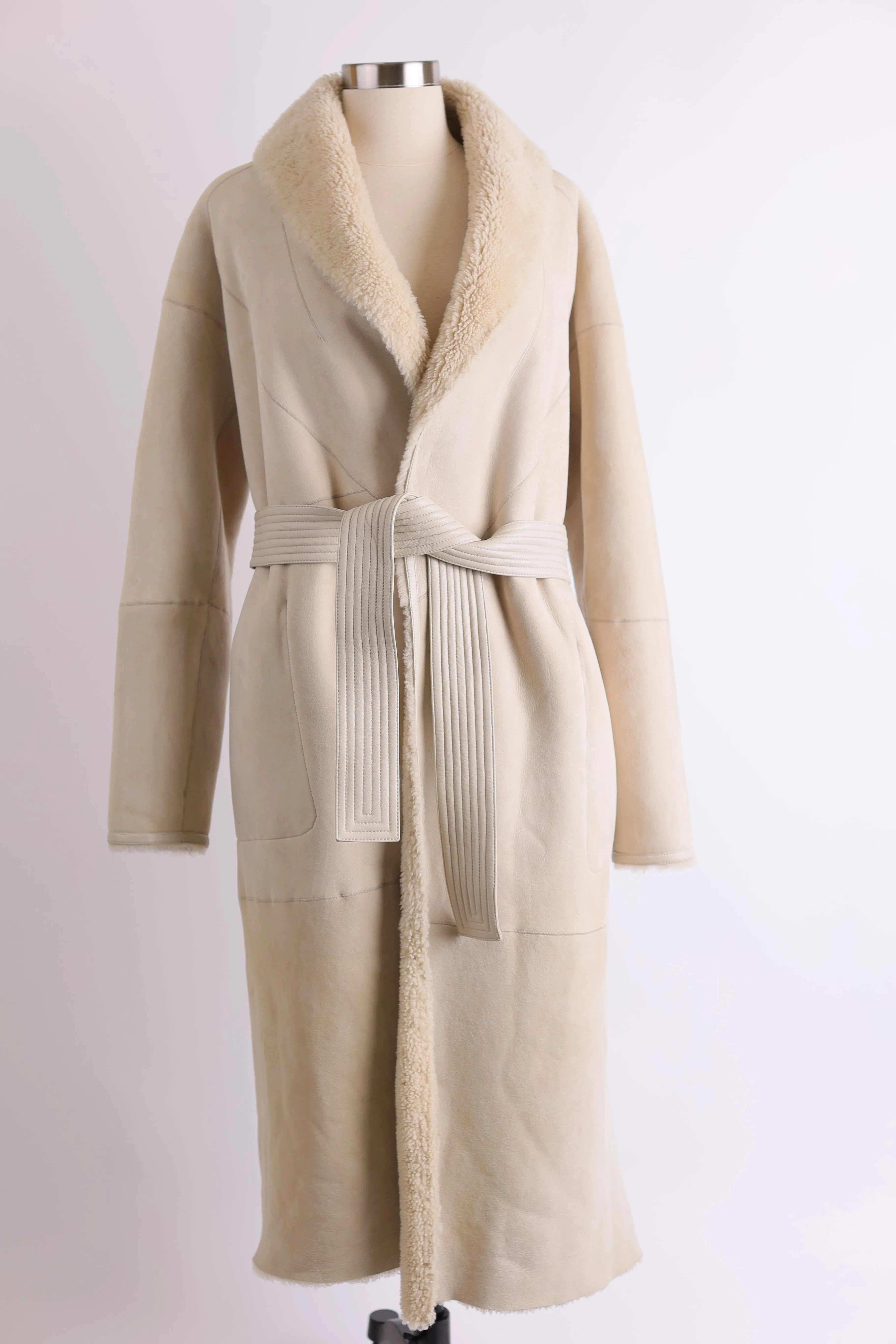 Shearling & Suede Reversible Belted Overcoat