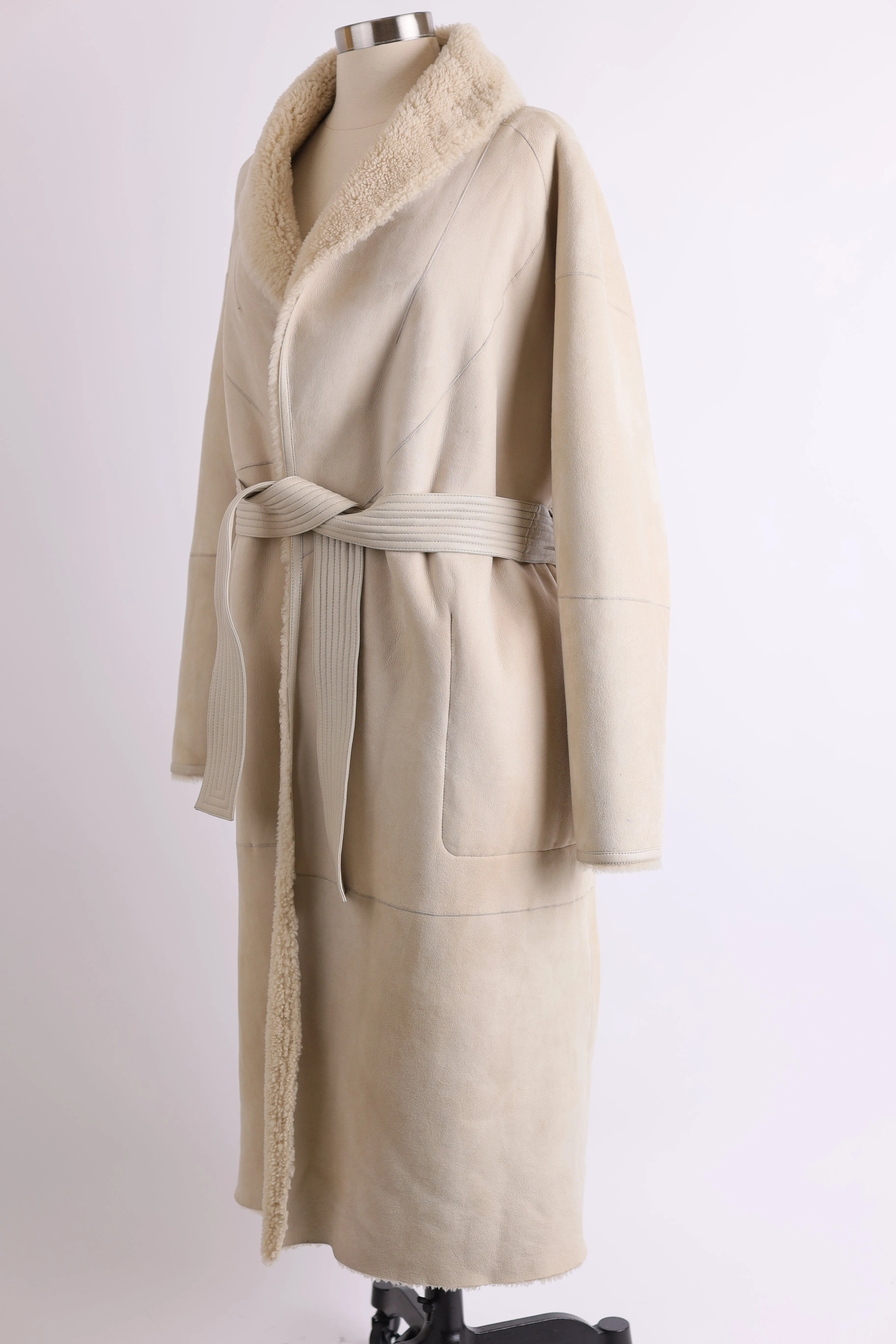 Shearling & Suede Reversible Belted Overcoat