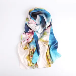 Silk Scarf Collections|Blossom Range|Lotus Blue Design|Blue|Long Silk Scarf