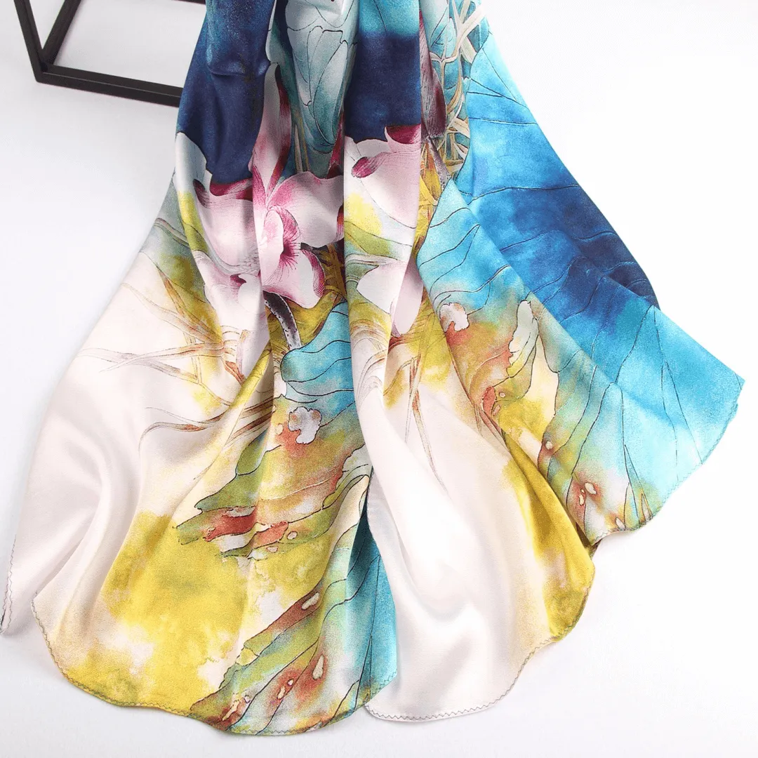 Silk Scarf Collections|Blossom Range|Lotus Blue Design|Blue|Long Silk Scarf