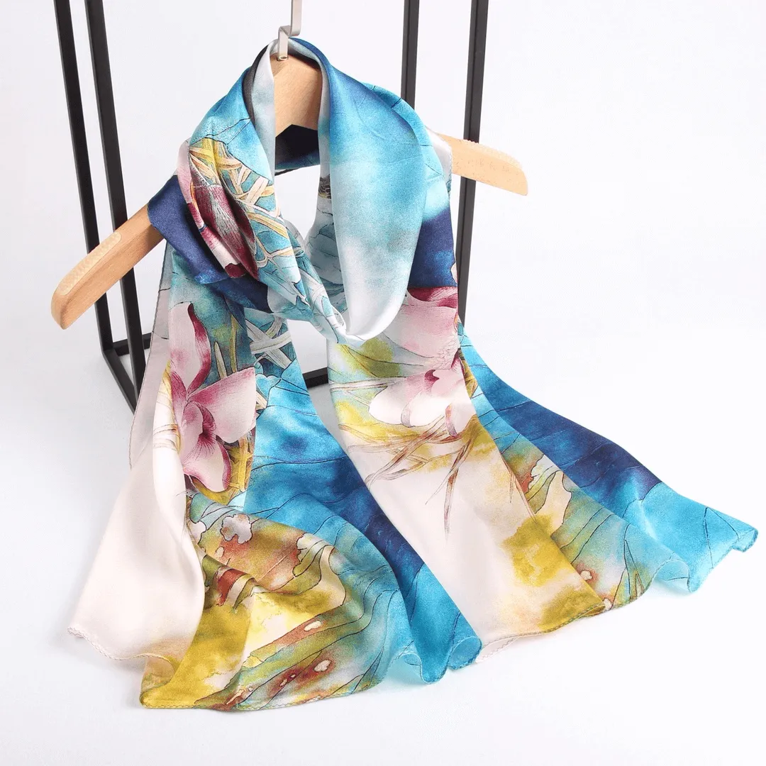 Silk Scarf Collections|Blossom Range|Lotus Blue Design|Blue|Long Silk Scarf