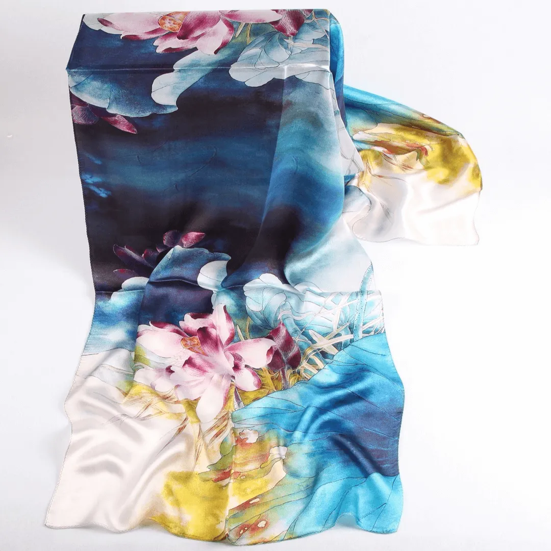 Silk Scarf Collections|Blossom Range|Lotus Blue Design|Blue|Long Silk Scarf