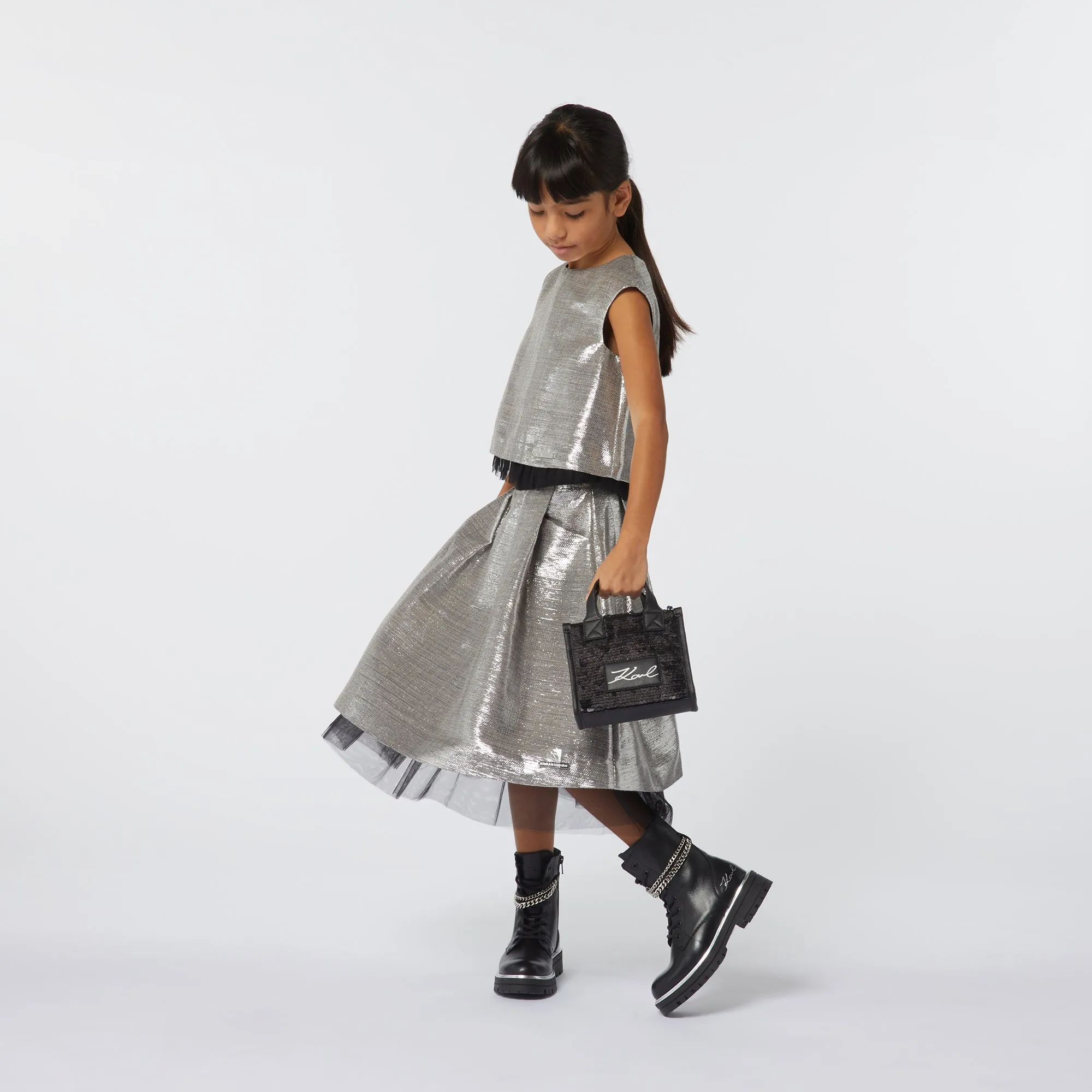 Silver Mid Length Metallic Mesh Skirt