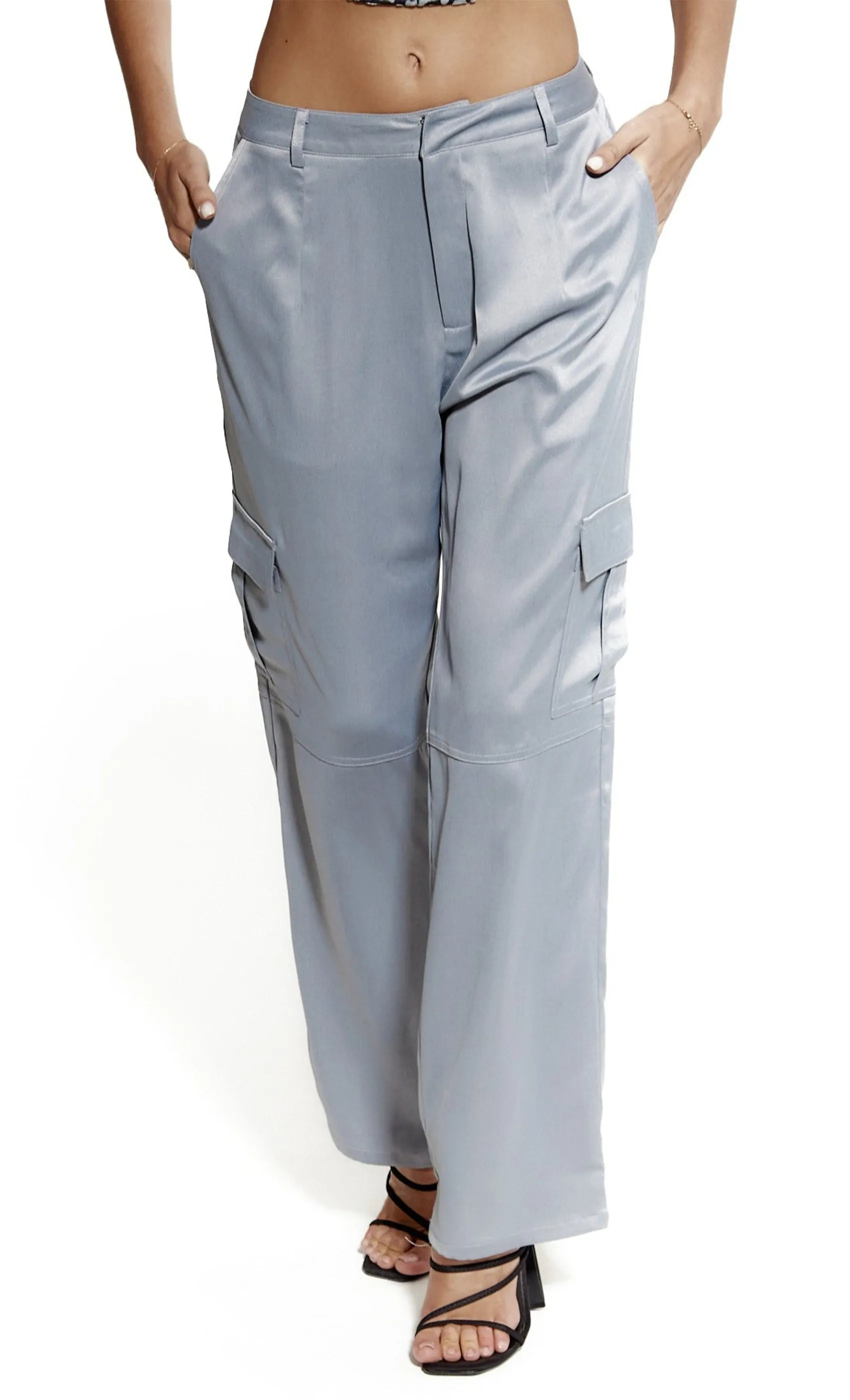 Silver Satin Cargo Trousers