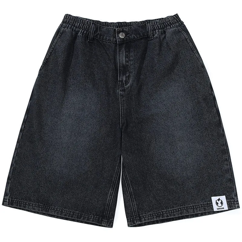 Simple Style Loose Straight Black Gray Washed Denim Shorts