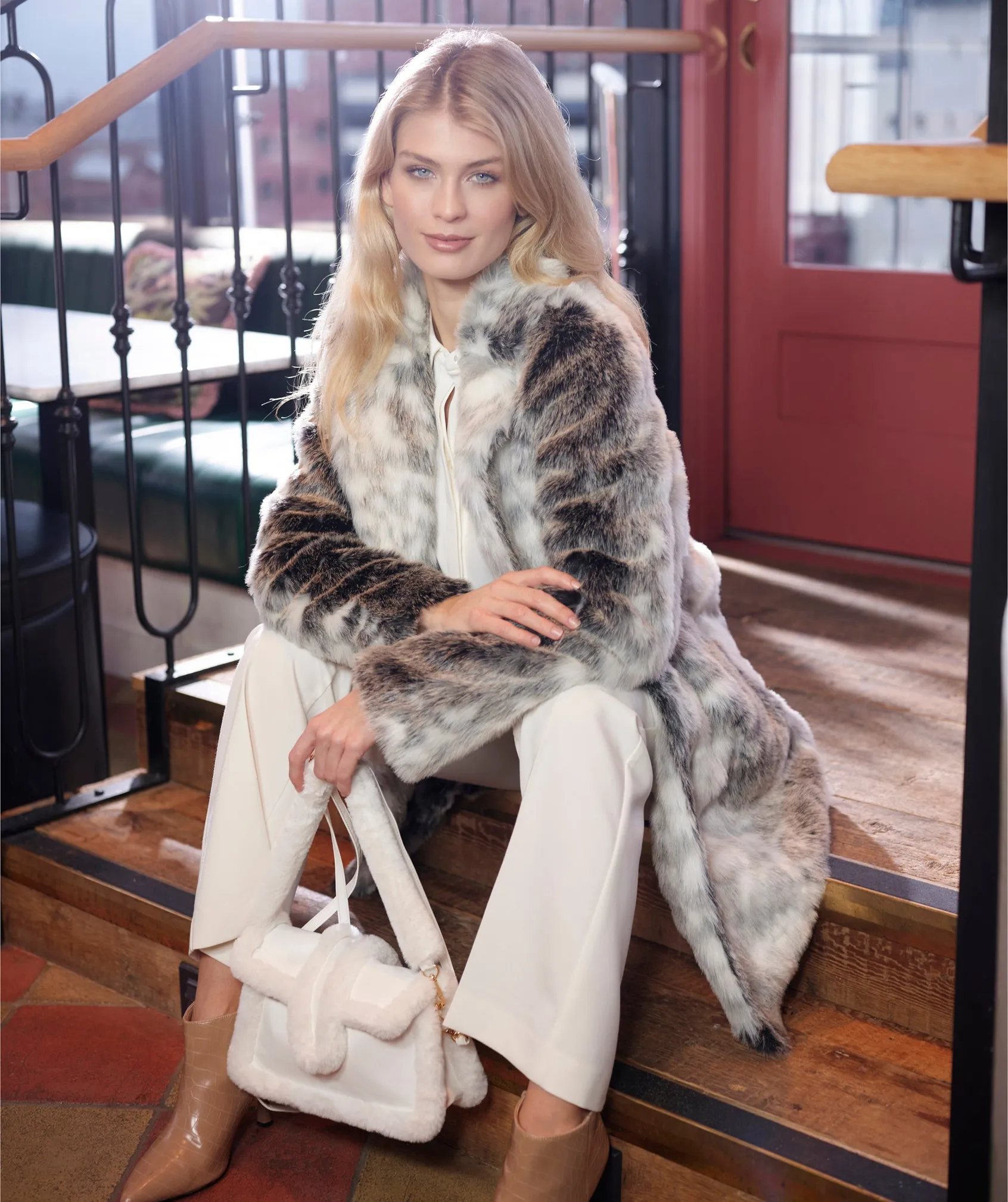 Snow Leopard Faux Fur Midi Length Paris Coat