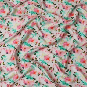 Soft Coral & Mint Floral Silk Satin Fabric with Mirror Work - 110 cm Width-D20286