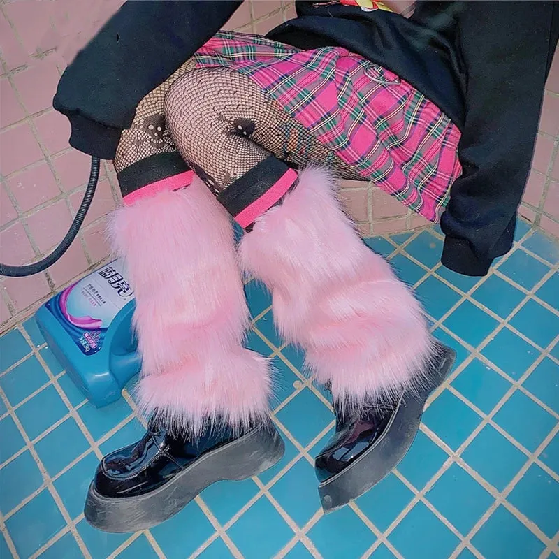 Sohiwoo E-girl Furry Leg Warmers Boot Covers Y2K Goth White Faux Fur Leg Warmers Punk Jk Knee-length Hiphop Warm Sock Fashion Socks