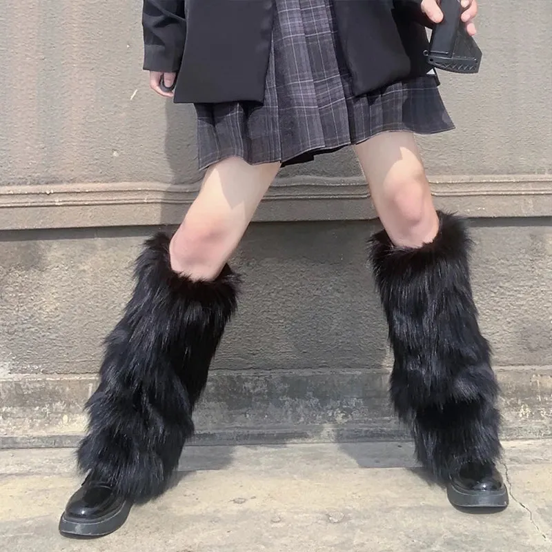 Sohiwoo E-girl Furry Leg Warmers Boot Covers Y2K Goth White Faux Fur Leg Warmers Punk Jk Knee-length Hiphop Warm Sock Fashion Socks