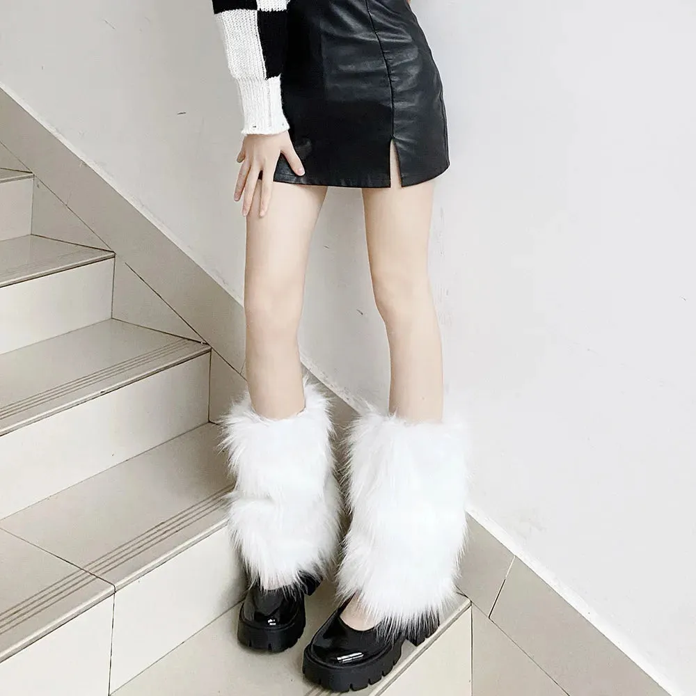 Sohiwoo E-girl Furry Leg Warmers Boot Covers Y2K Goth White Faux Fur Leg Warmers Punk Jk Knee-length Hiphop Warm Sock Fashion Socks