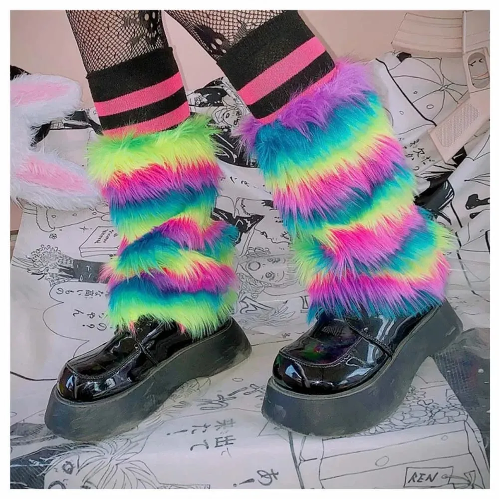 Sohiwoo E-girl Furry Leg Warmers Boot Covers Y2K Goth White Faux Fur Leg Warmers Punk Jk Knee-length Hiphop Warm Sock Fashion Socks