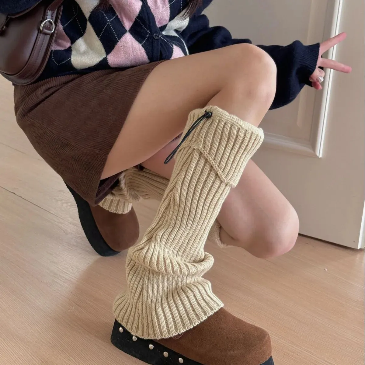 Sohiwoo Elastic Drawstring Knitted Leg Socks Winter Warm Jk Leggings Stockings Korea Women Y2K Pile Socks Korea Women Calf Socks