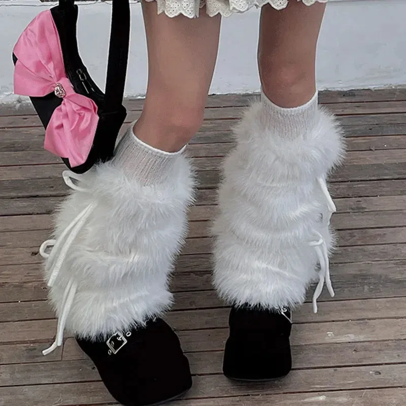 Sohiwoo Faux Rabbit Fur Leg Warmers Winter Thickened Plush Bow Tie Plush Leggings Cold Protective Leggings Boot Cover Y2k Punk Socks