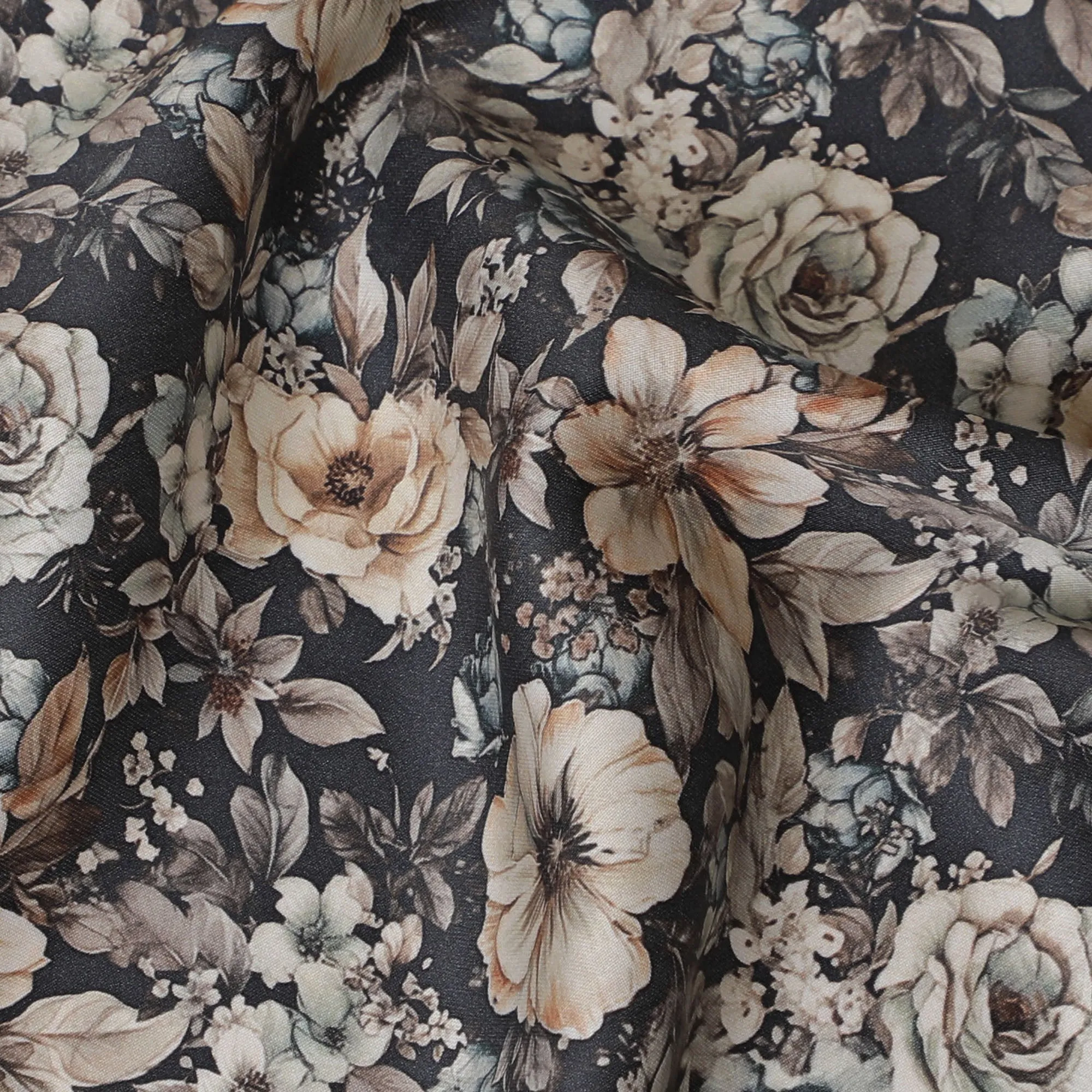 Sophisticated Charcoal Cotton Satin Fabric with Neutral Floral Print, 110 cm Wide-D19196