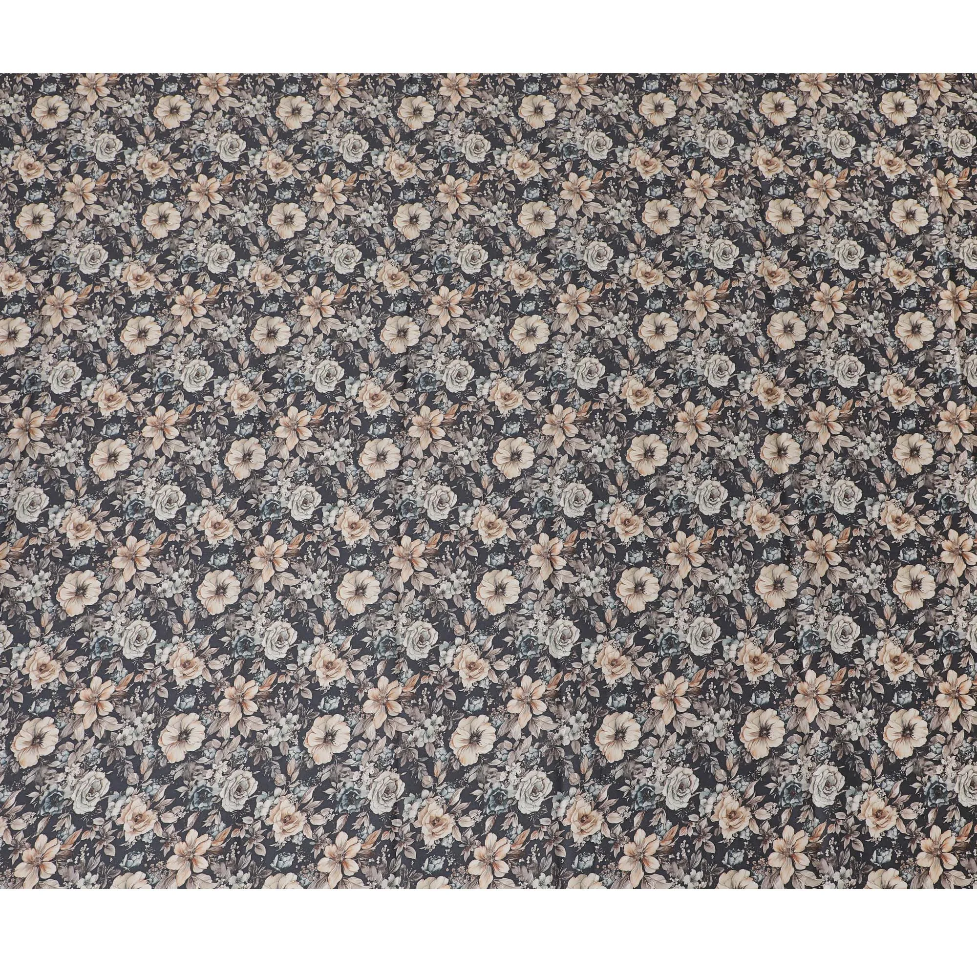 Sophisticated Charcoal Cotton Satin Fabric with Neutral Floral Print, 110 cm Wide-D19196