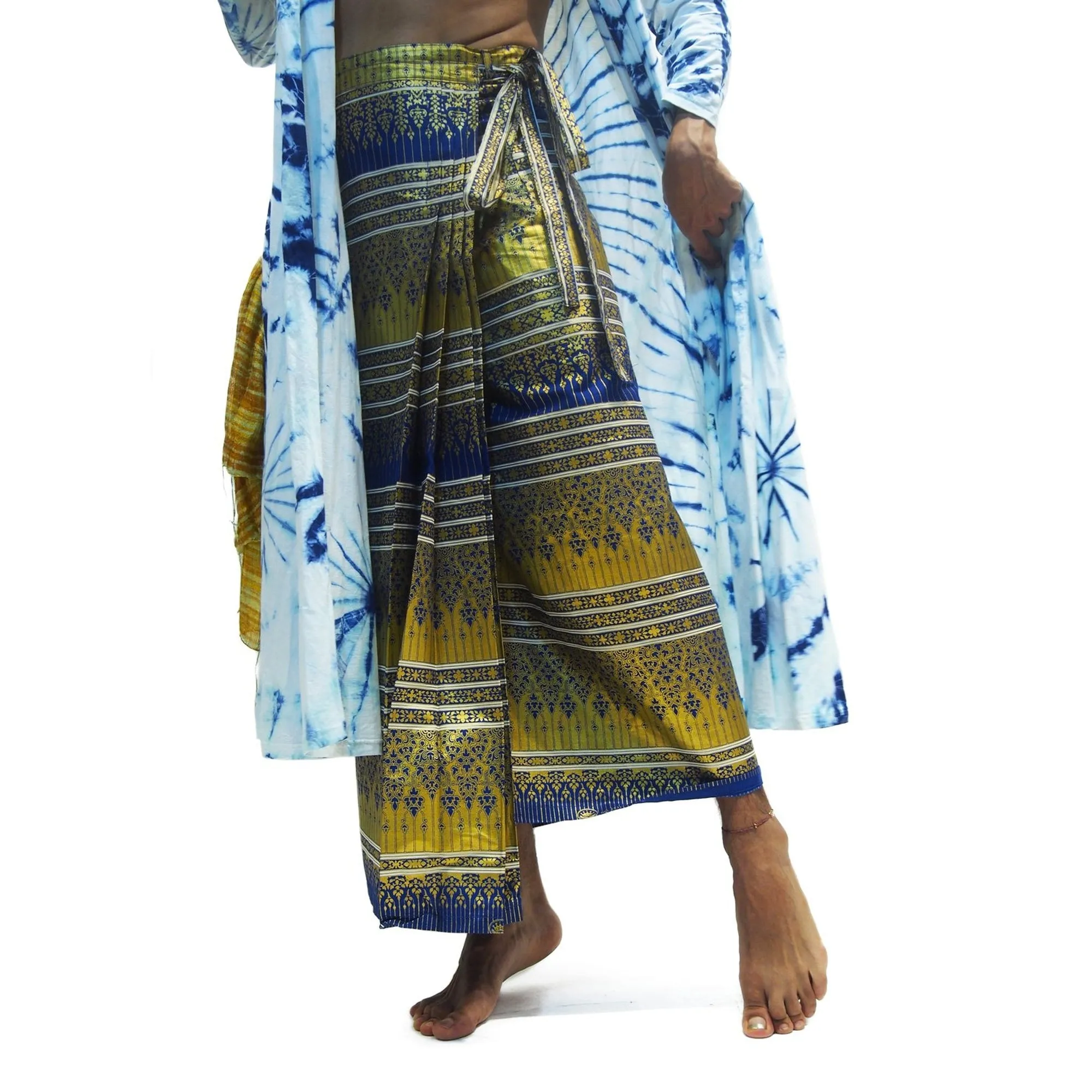 Tie Dye Kimono-Style Long Jacket Navy/White With Thai Printed Wrap Skirt Gold  7 EACH PIECE SOLD SEPARATELY