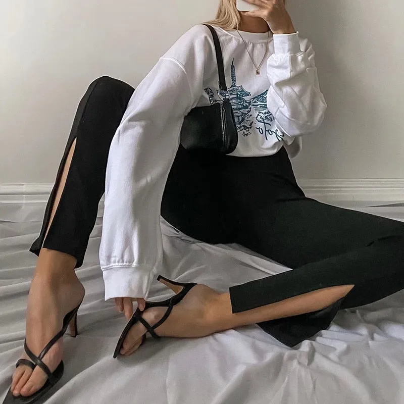 Trendy High Waist Black Split Slim Flare Black Pants