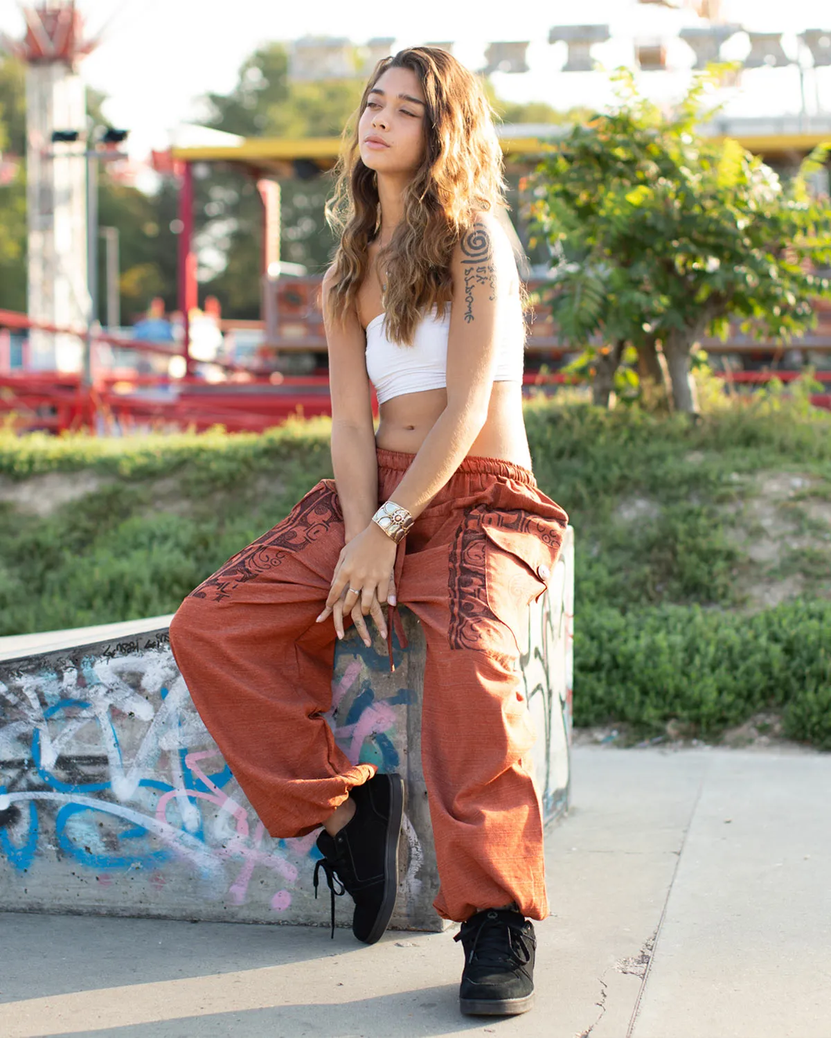 Tribal Print Parachute Harem Pants Orange