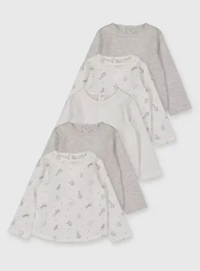 Tu 5 Pack Grey & Safari Print Long Sleeve Baby Girls Tops