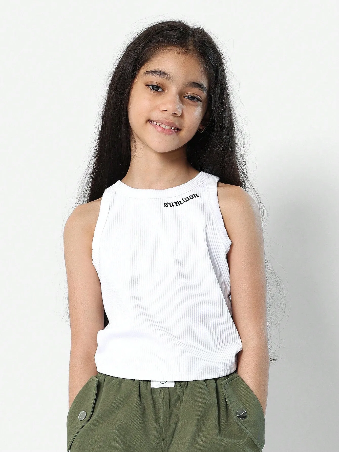 Tween Girls Ribbed Tank Top With Cargo Jogger 2 Piece Set