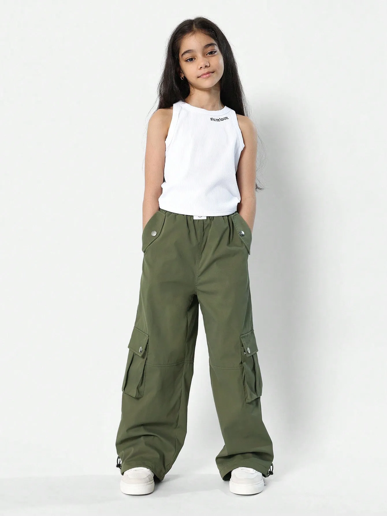 Tween Girls Ribbed Tank Top With Cargo Jogger 2 Piece Set