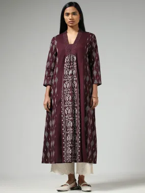 Utsa Wine Ikat Printed Gathered Kurta