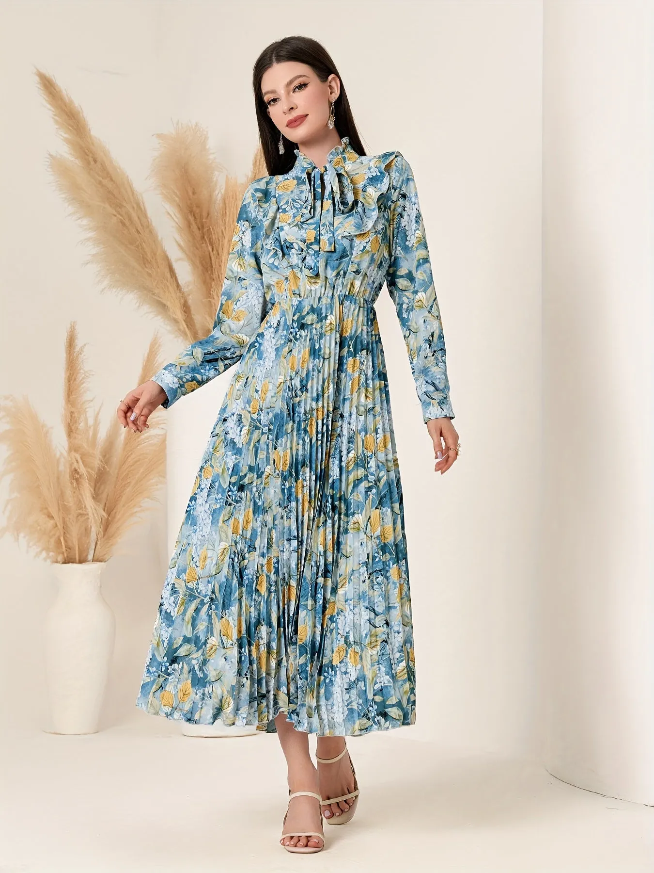 Vibrant Floral Print Tie Neck A-Line Swing Dress - Elegant Long Sleeve Pleated Design, Soft Fabric, Comfortable Fit, Perfect for Spring & Fall, Women's Clothing, Occasional Wear