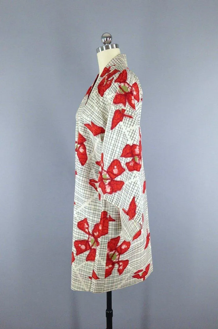 Vintage 1930s Silk Haori Kimono Cardigan / White Floral Ikat