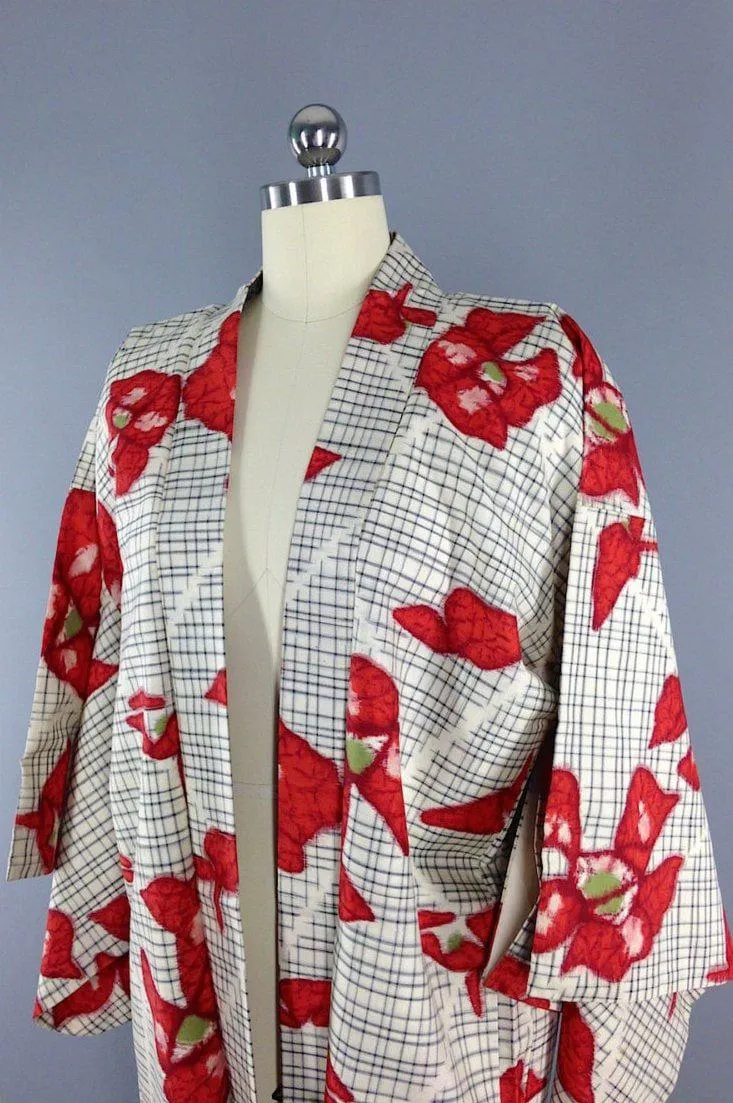 Vintage 1930s Silk Haori Kimono Cardigan / White Floral Ikat