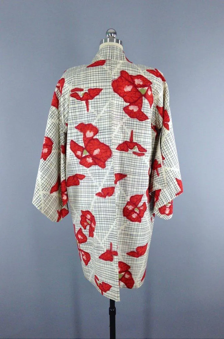 Vintage 1930s Silk Haori Kimono Cardigan / White Floral Ikat