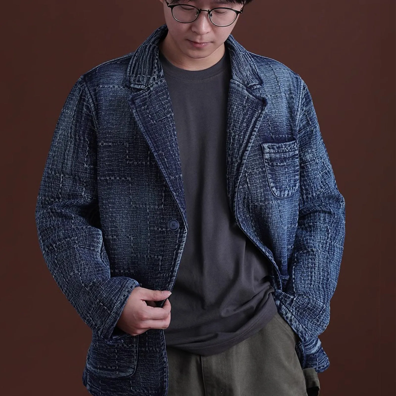 Vintage Heavy Cotton Sashiko Cargo Plant Dyed Indigo Jacket