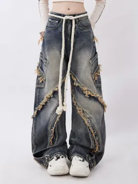 Wenkouban Raw Edge Design Patchwork Baggy Washed Jeans