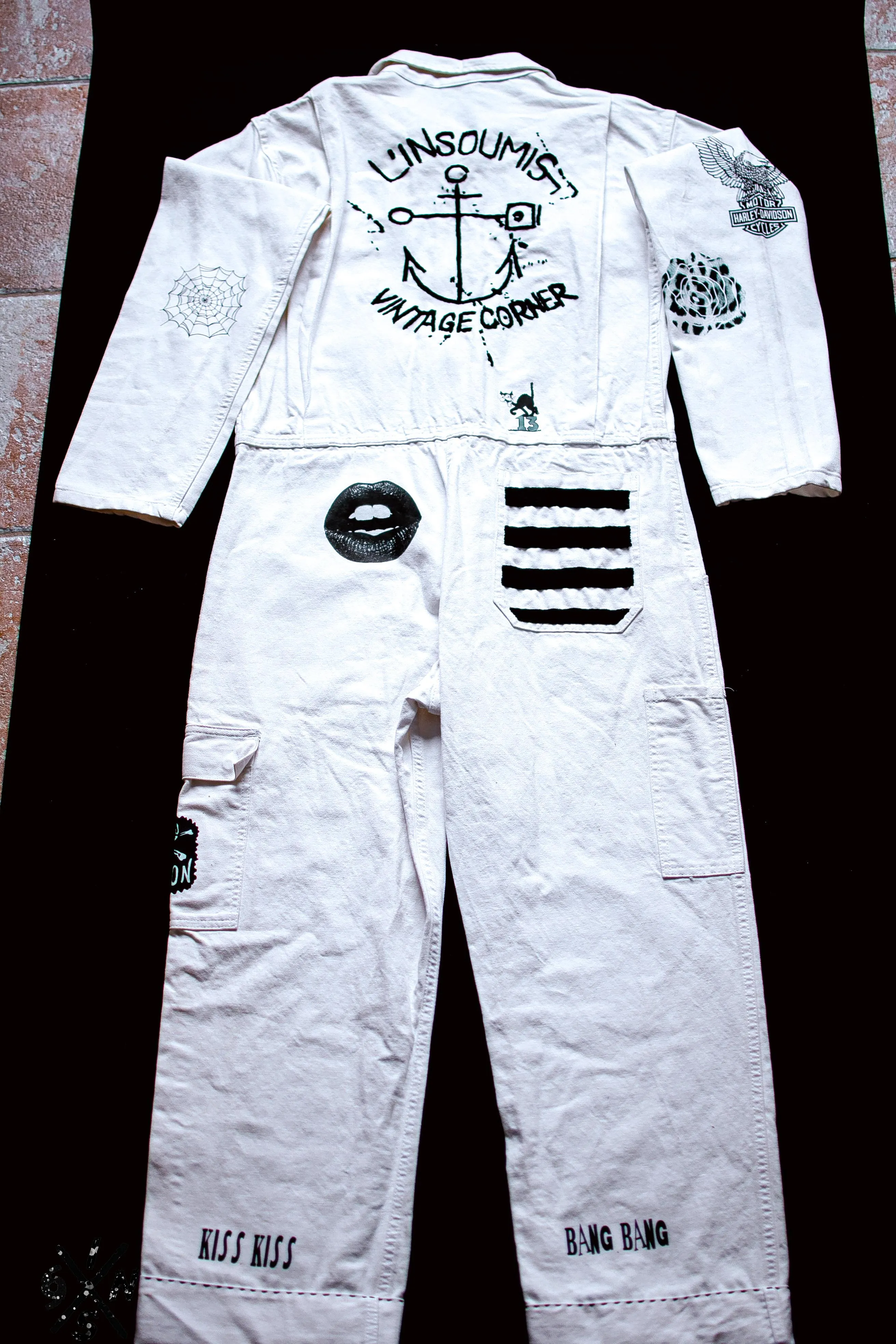 White french 70's coverall hand broidered and screen printed