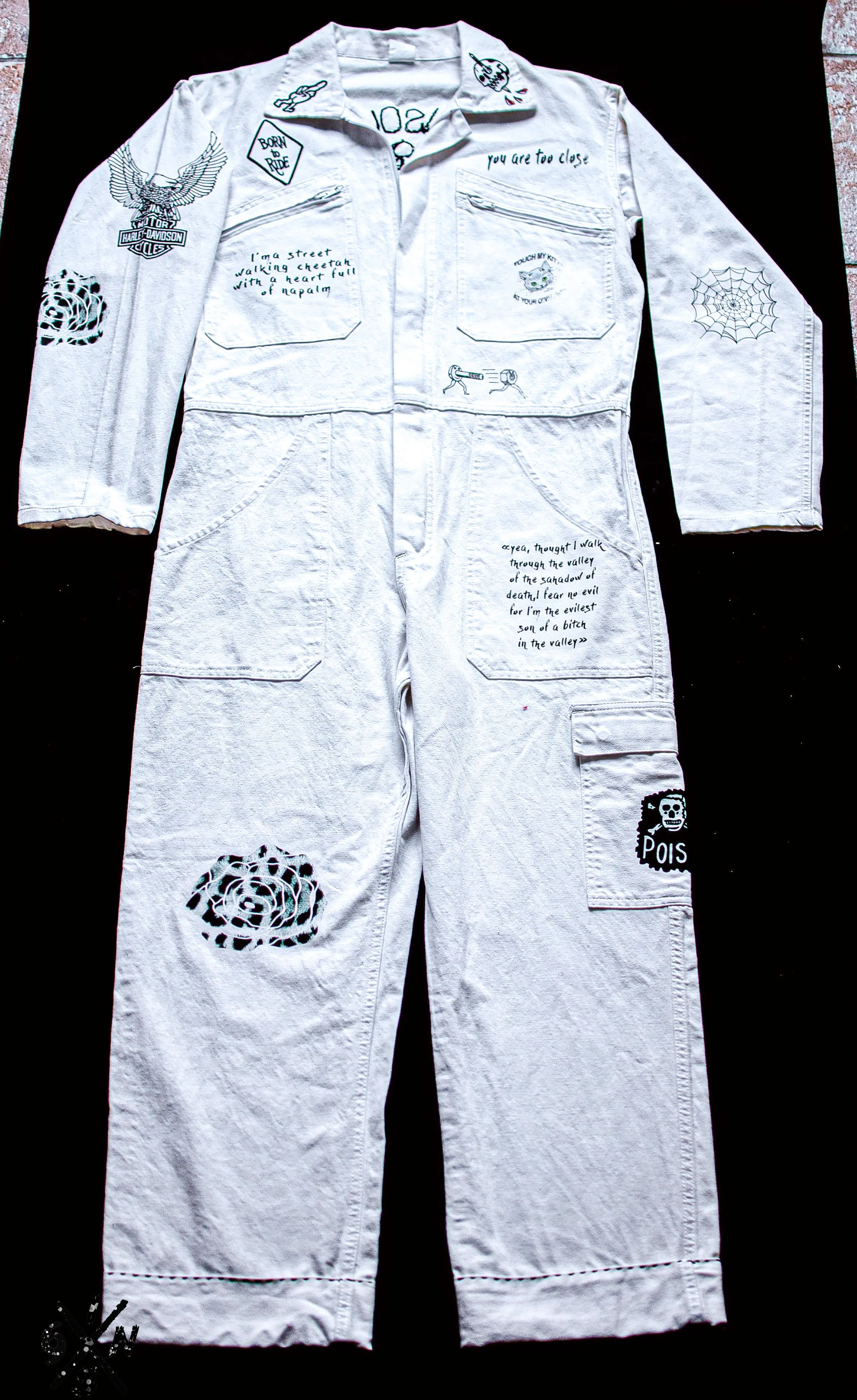 White french 70's coverall hand broidered and screen printed