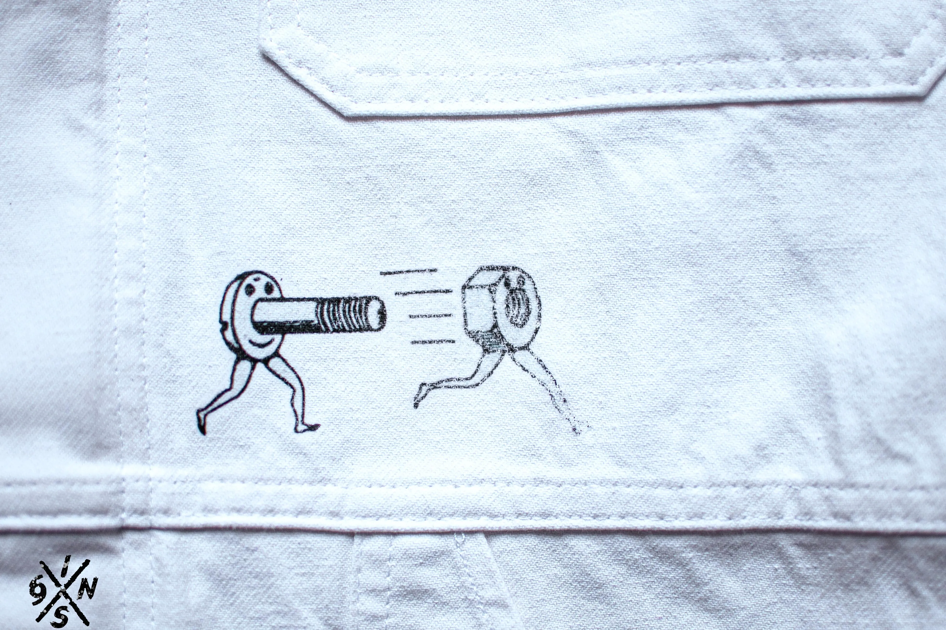 White french 70's coverall hand broidered and screen printed