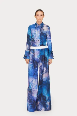 Wide-Leg Abstract Blue Print Trousers With Contrasting Waistband