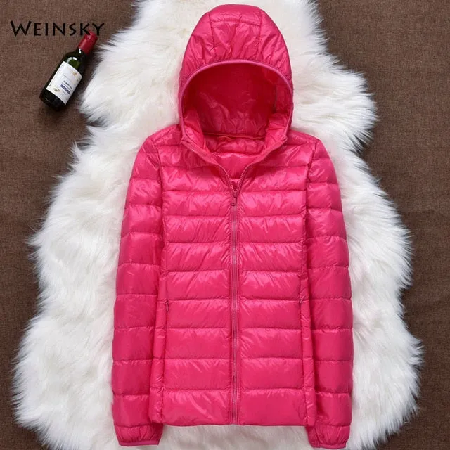 Winter Women Ultralight Thin Down Jacket White Duck Down Hooded Jackets Long Sleeve Warm Parka Portable Outwear