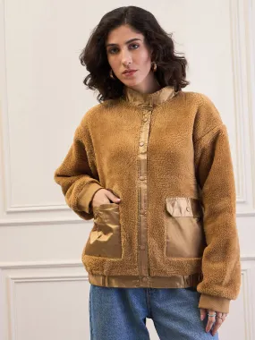 Women Brown Fur Front Patch Pocket Jacket