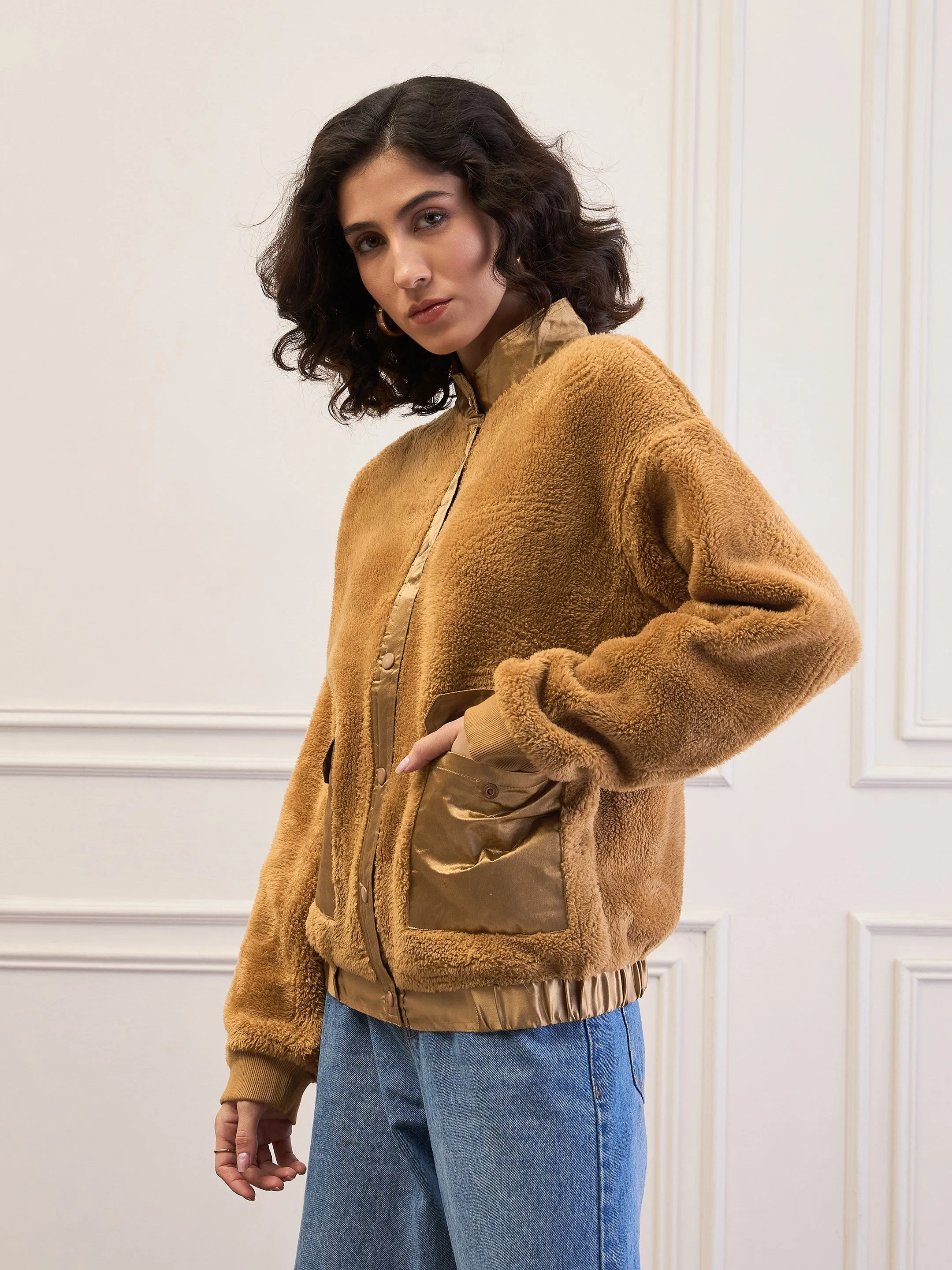 Women Brown Fur Front Patch Pocket Jacket