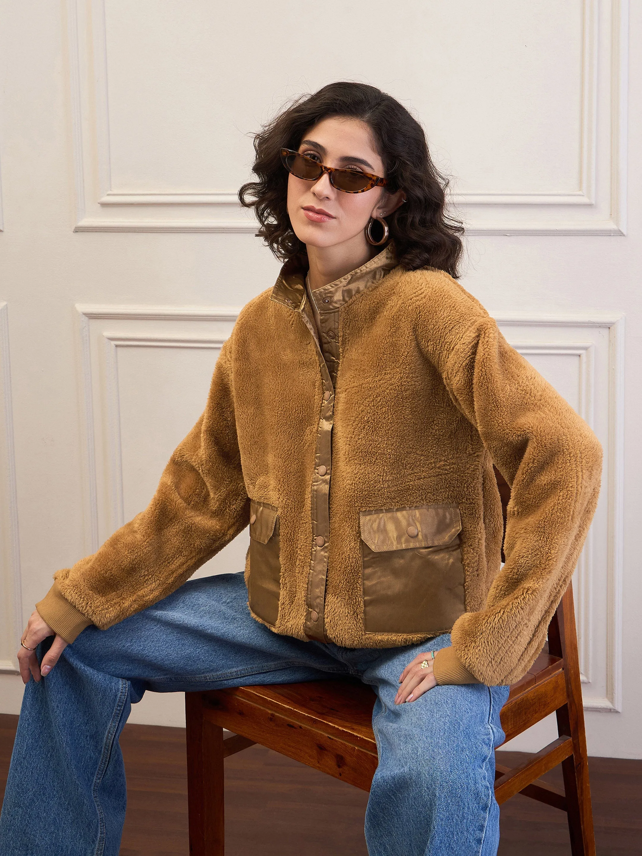 Women Brown Fur Front Patch Pocket Jacket